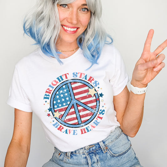 American Flag printed peace sign, stars, and the phrase "Bright Stars, Brave Hearts"