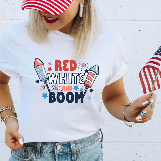 Firecrackers, Fireworks, stars, and the phrase "Red, white, and boom" iron on heat transfer.