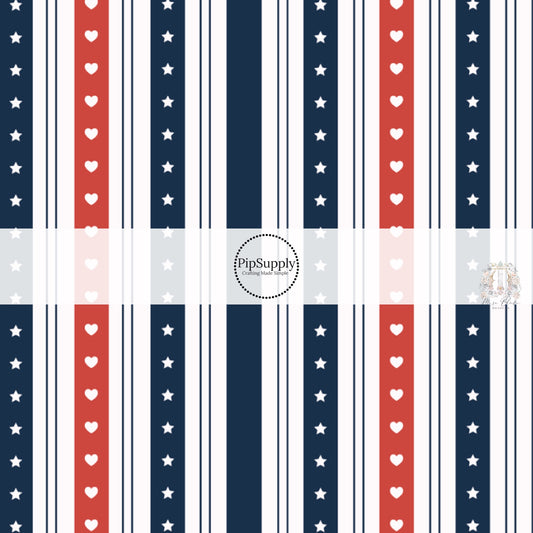 Navy blue and red striped fabric by the yard with hearts and stars.