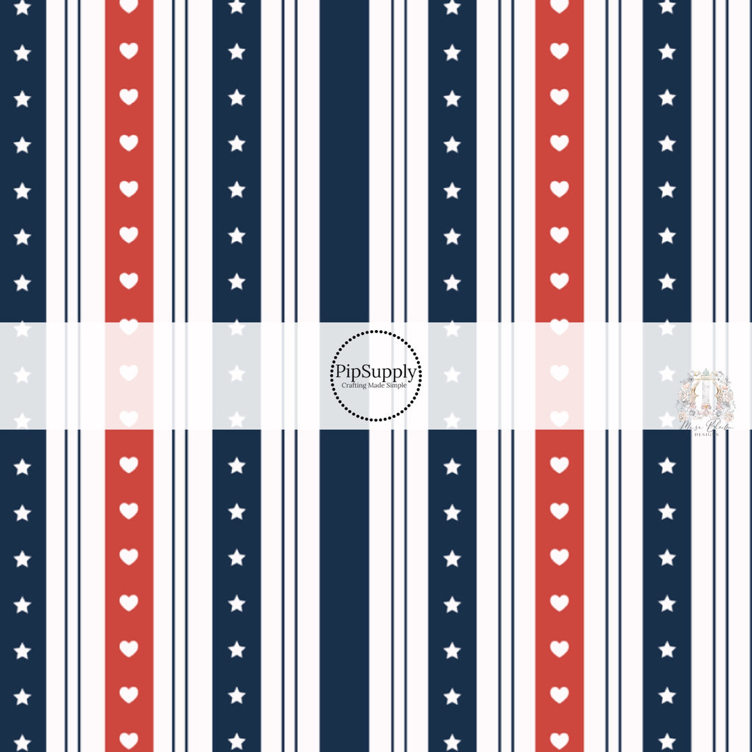 Navy blue and red striped fabric by the yard with hearts and stars.