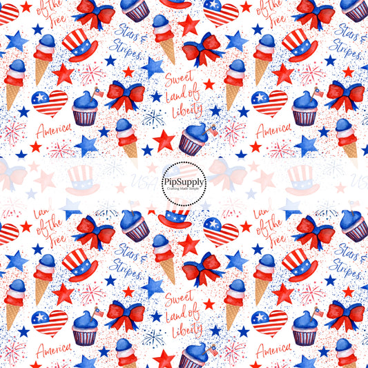 White fabric by the yard with fireworks, patriotic things, desserts, and stars.