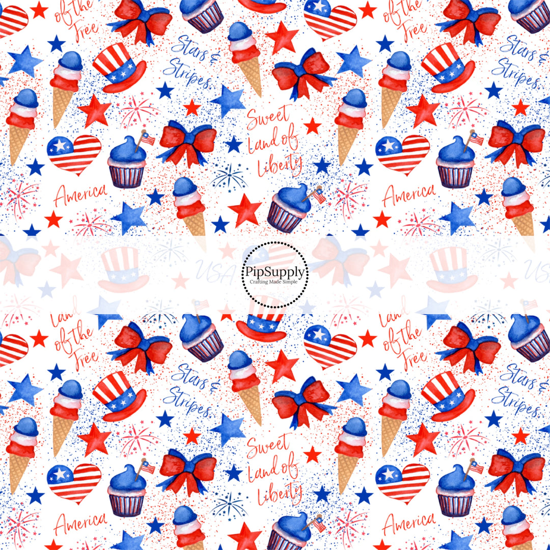 White fabric by the yard with fireworks, patriotic things, desserts, and stars.