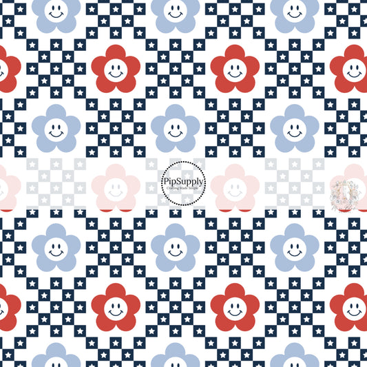 White fabric by the yard with red, white, and blue flowers and a navy blue star checkered print.