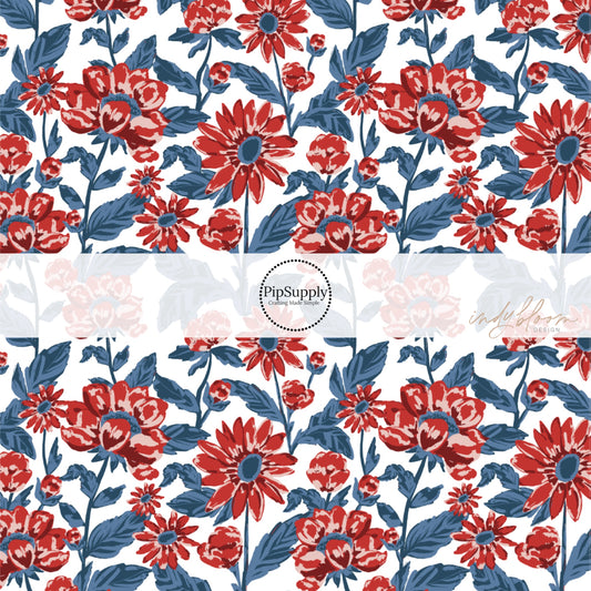 White fabric by the yard with burgundy red flowers on navy blue stems.