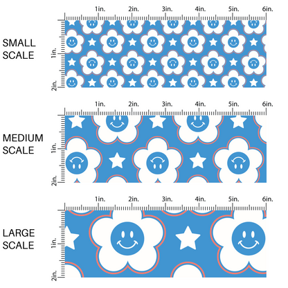 Red, white, and blue smiley face daisies and stars on blue fabric by the yard scaled image guide.