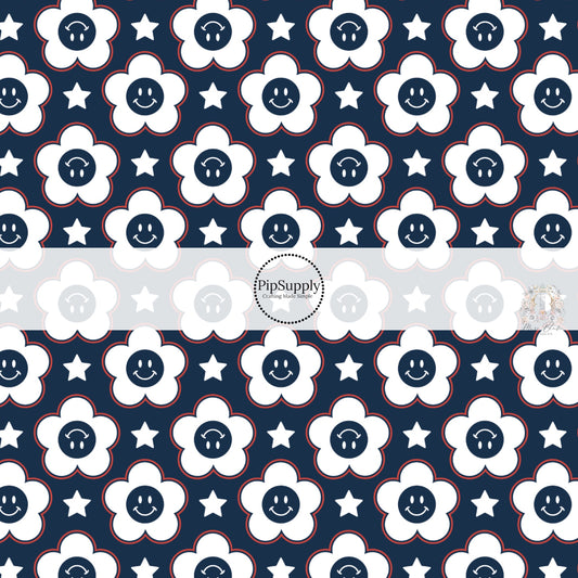 Navy blue fabric by the yard with smiley face daisies and stars.