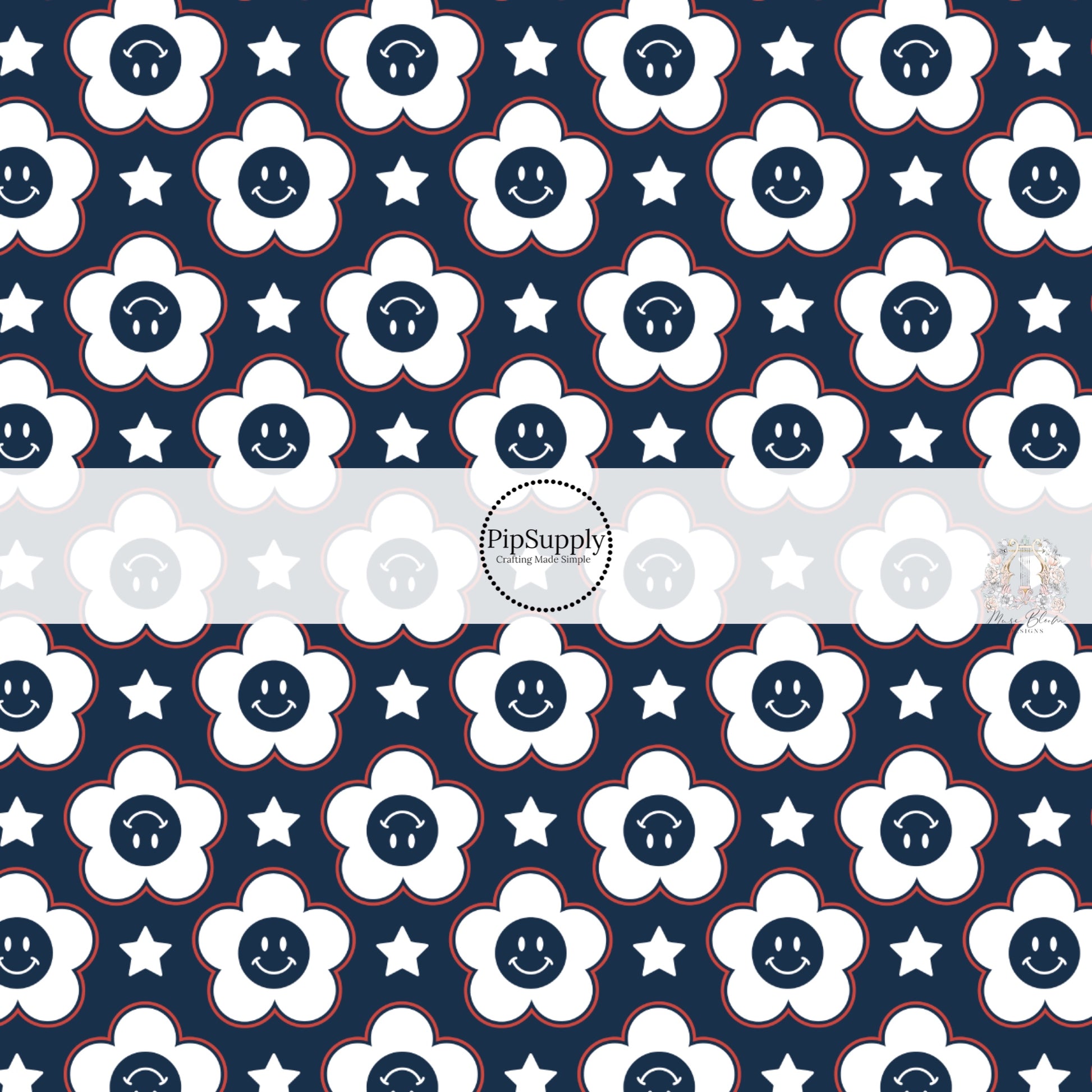 Navy blue fabric by the yard with smiley face daisies and stars.