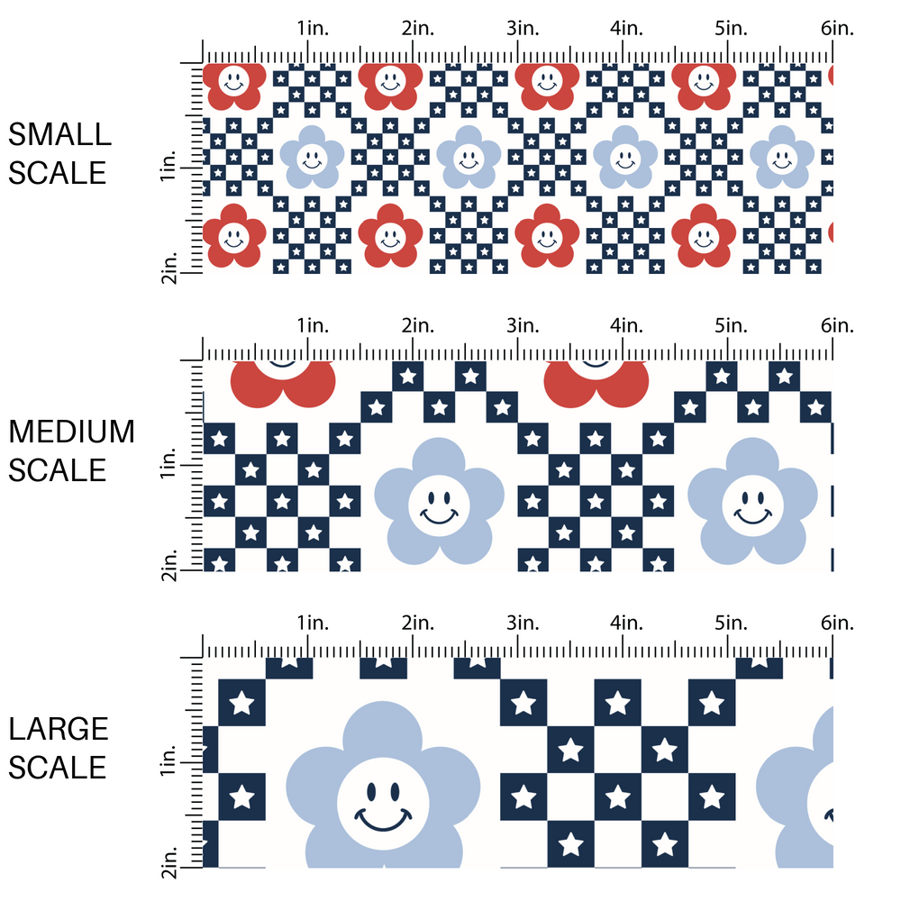 White fabric by the yard scaled image guide with red, white, and blue flowers and a navy blue star checkered print.