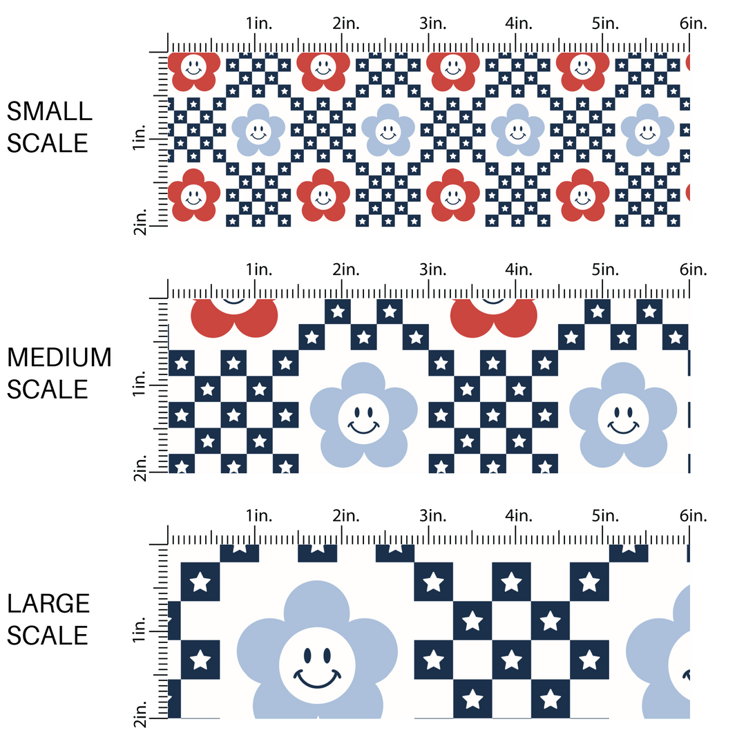 White fabric by the yard scaled image guide with red, white, and blue flowers and a navy blue star checkered print.