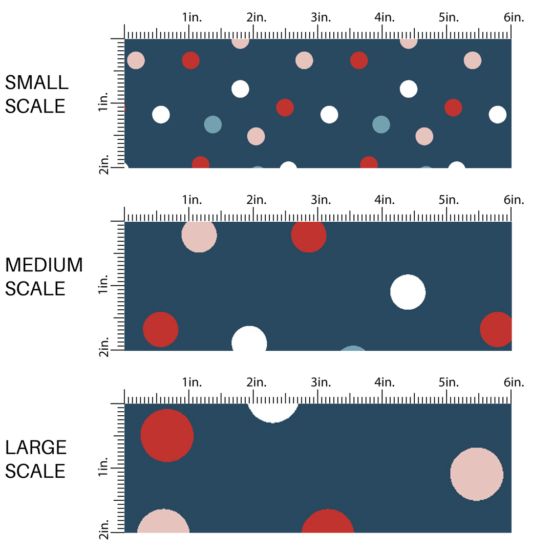 Navy blue fabric by the yard scaled image guide with muted pink, red, white, and light blue polka dots.