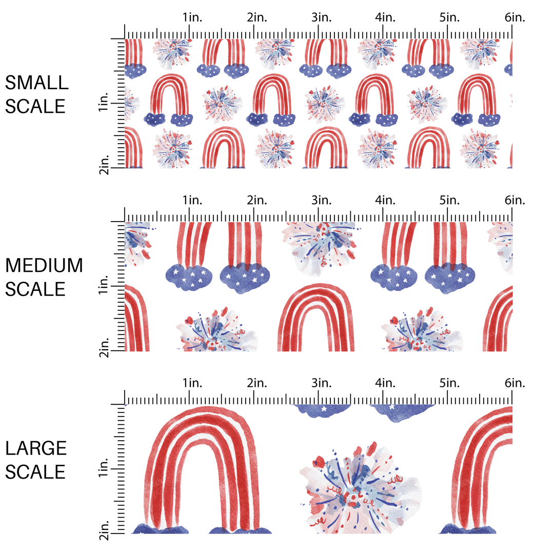 Red. white, and blue rainbow and fireworks on white fabric by the yard scaled image guide.