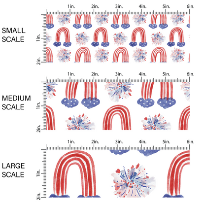 Red. white, and blue rainbow and fireworks on white fabric by the yard scaled image guide.