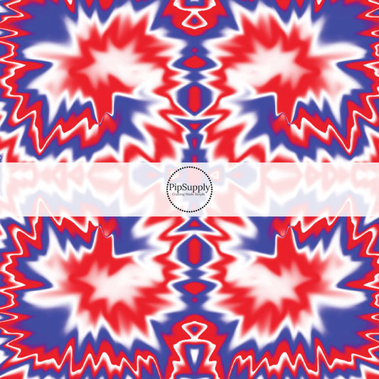 Red, white, and blue swirled tie dye print fabric by the yard.