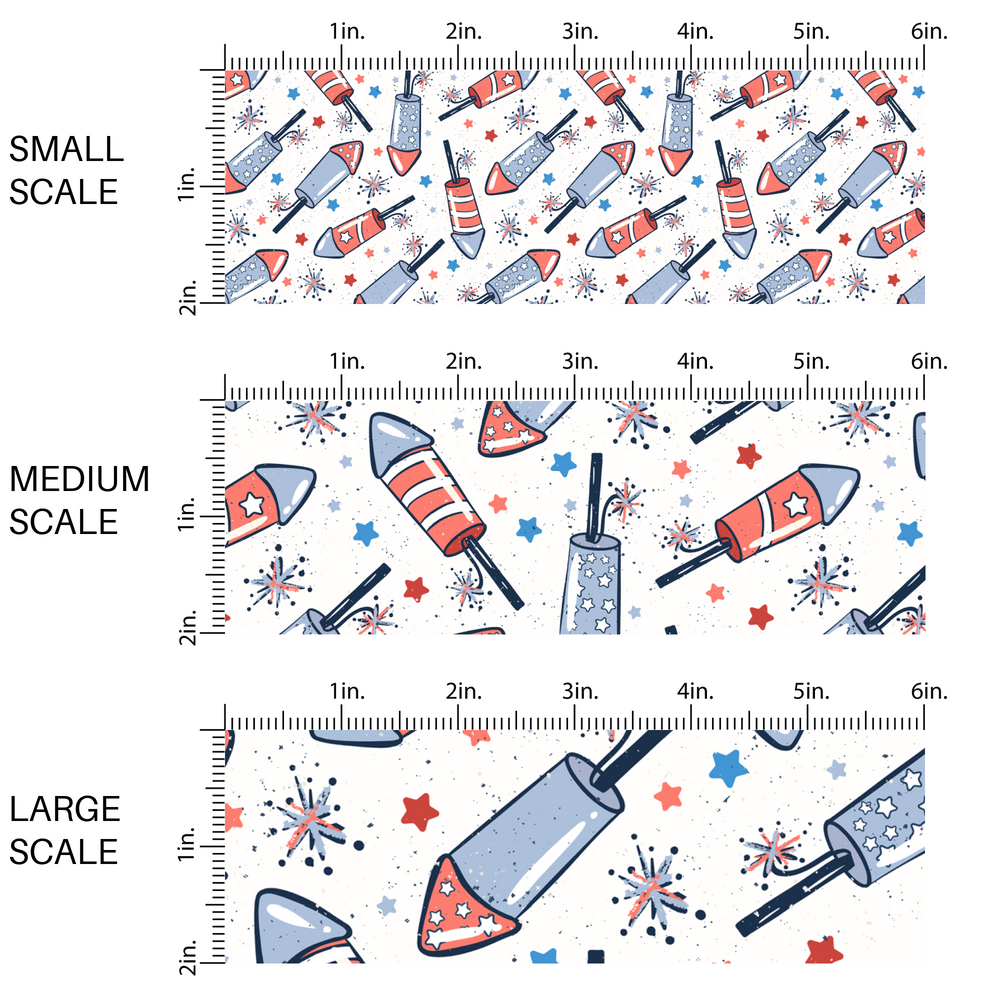 White fabric by the yard scaled image guide with fireworks, firecrackers, and stars.
