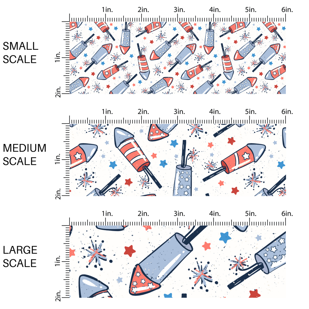 White fabric by the yard scaled image guide with fireworks, firecrackers, and stars.