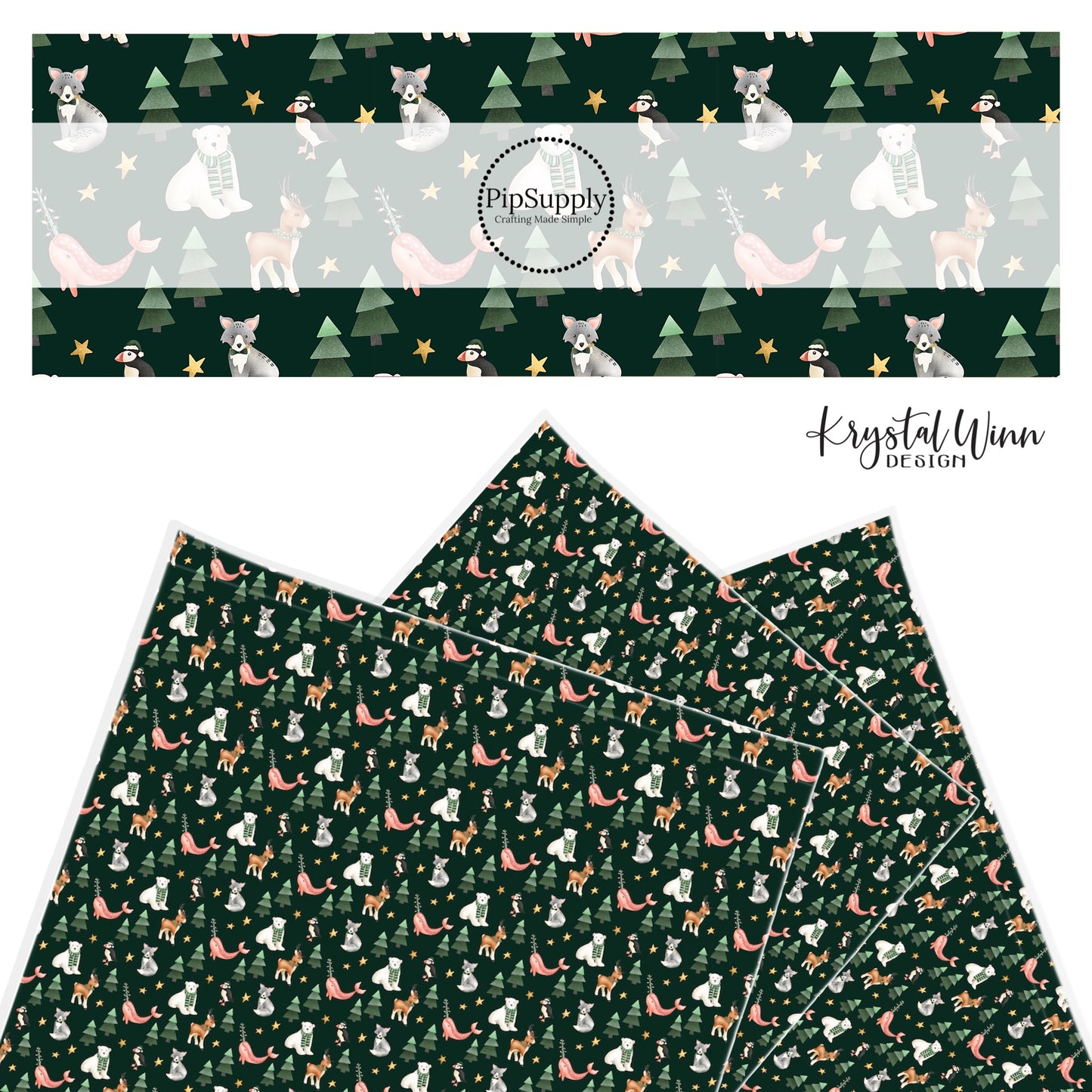 fox polar bear reindeer and trees on dark green background faux leather sheet