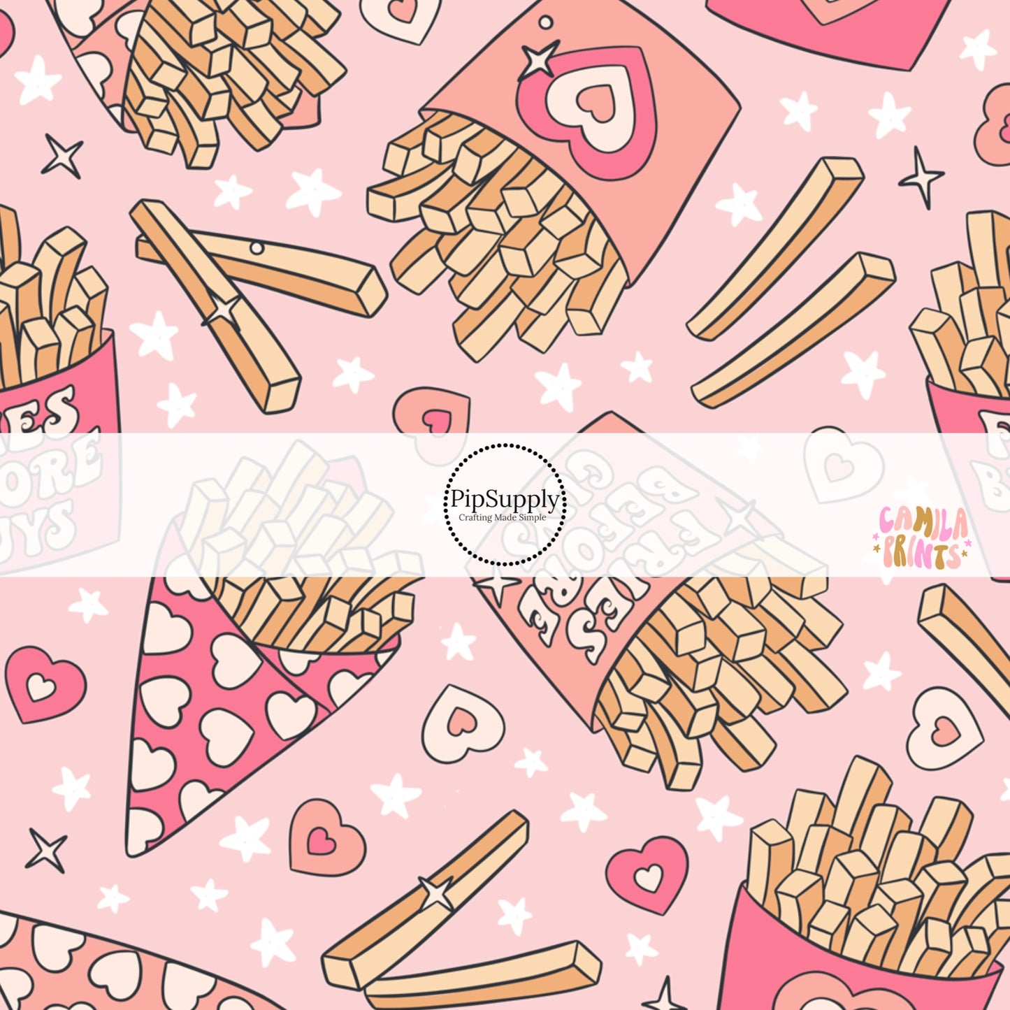 Disperse fries with sparkles and white stars on light pink bow strips