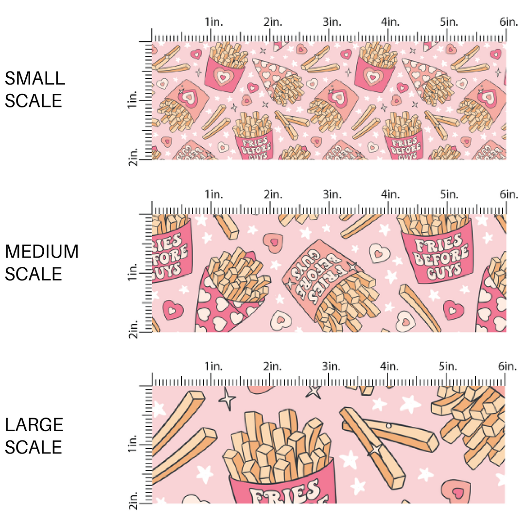 Pink fabric with french fries and the words "Fries Before Guys" fabric image guide