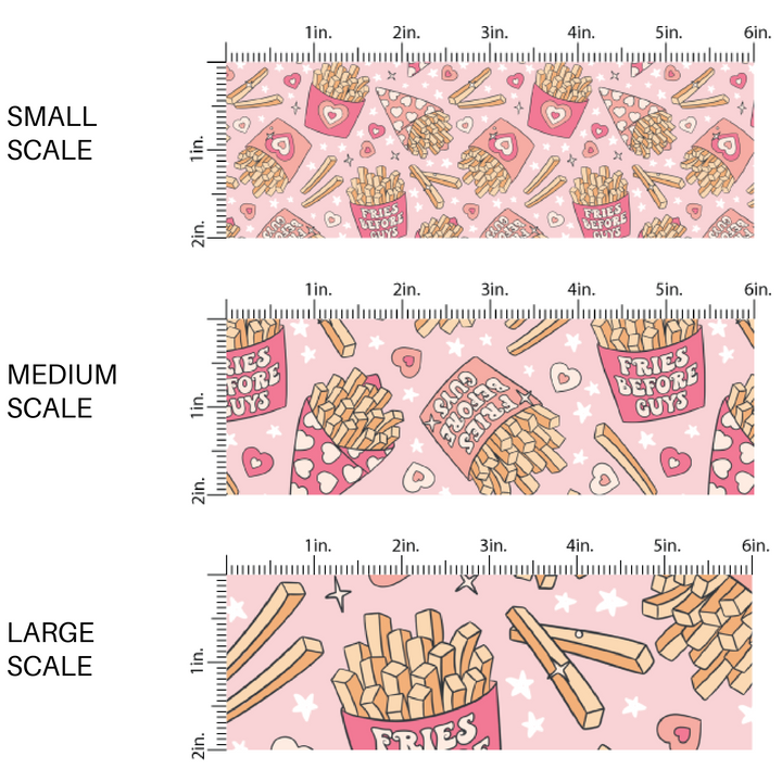 Pink fabric with french fries and the words "Fries Before Guys" fabric image guide