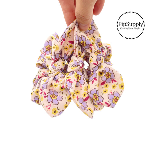 Purple and tiny yellow flowers on cream scrunchie