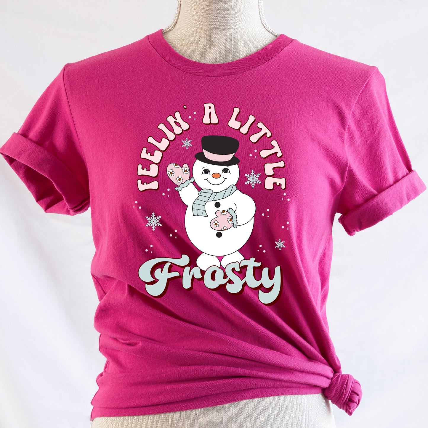 Pink shirt with Frosty Snowman DTF and sublimation print Iron on Transfer