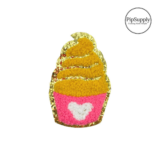 Dole Whip Chenille iron on patch. Pink and yellow with a gold back. 