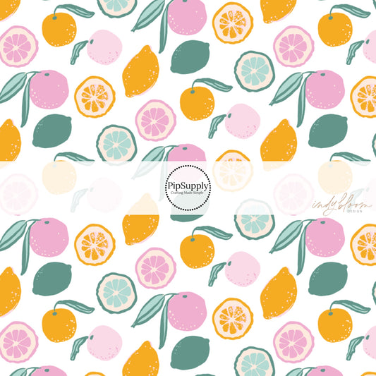 Pastel pink, green, and yellow citrus fruit fabric by the yard