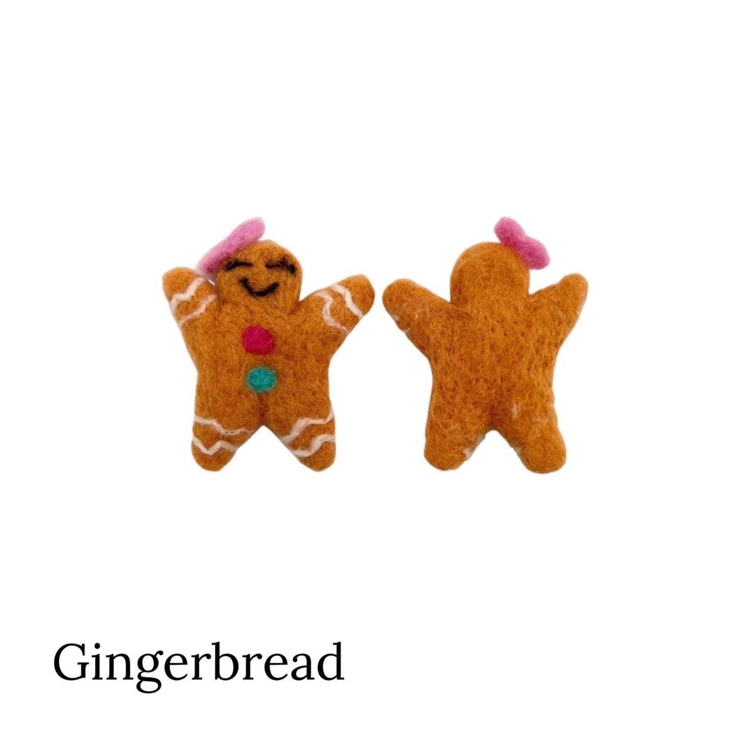 Gingerbread with pink bow needle felt front and back.