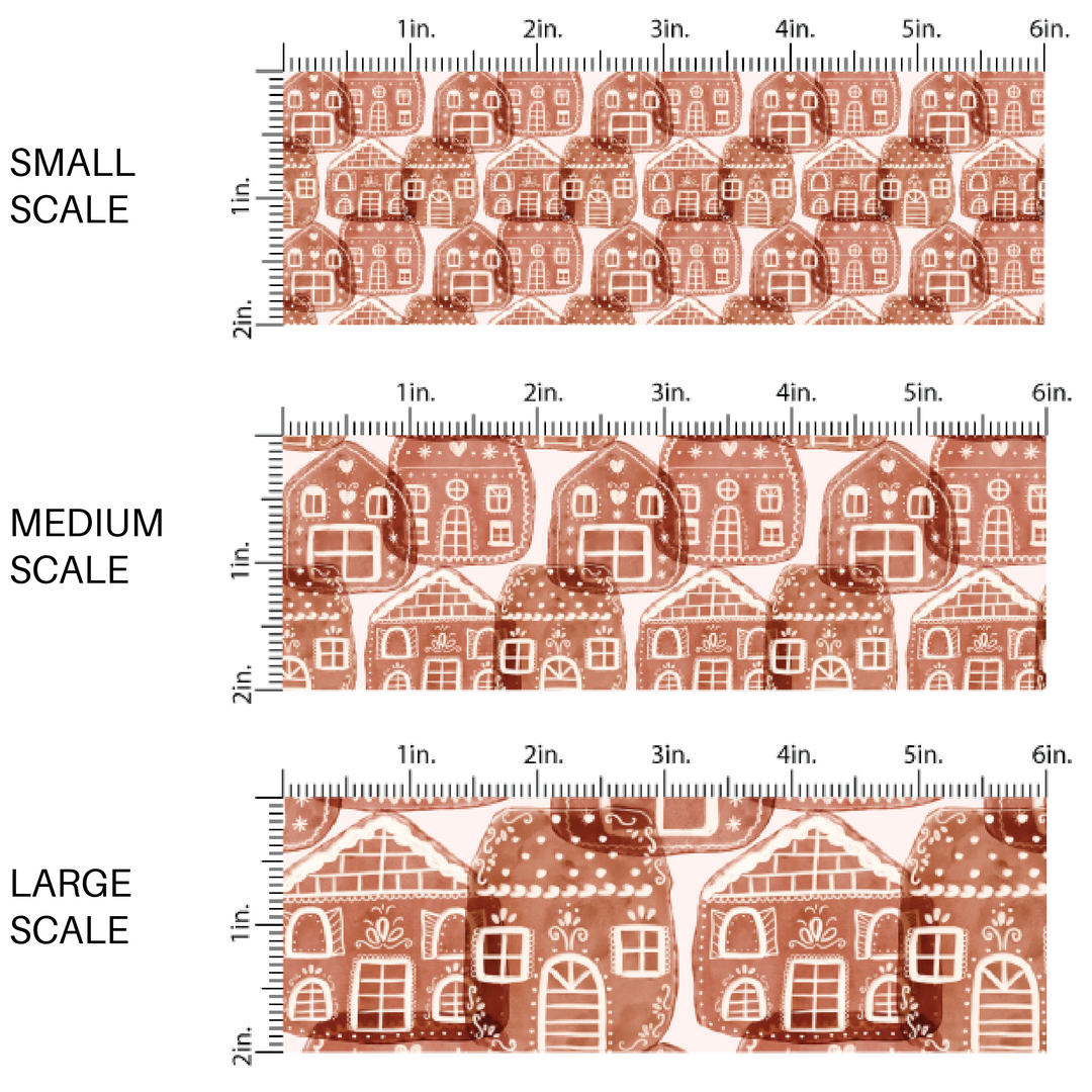 Watercolor Gingerbread house Christmas patterned fabric scaled in small, medium, or large size print.