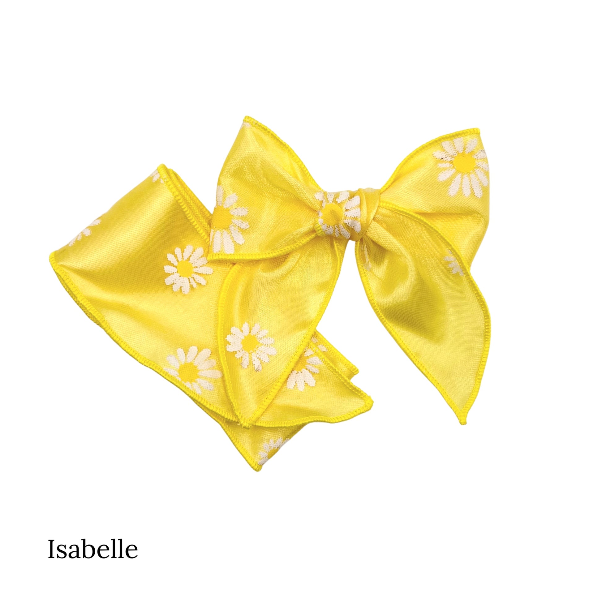 Yellow tulle bow with white daisies with yellow center on a isabelle bow strip