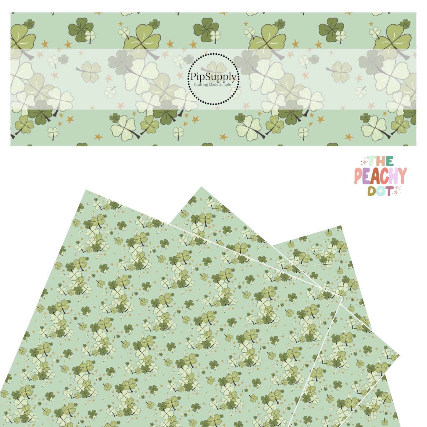 Shades of green clovers with tiny gold stars on a green faux leather sheet