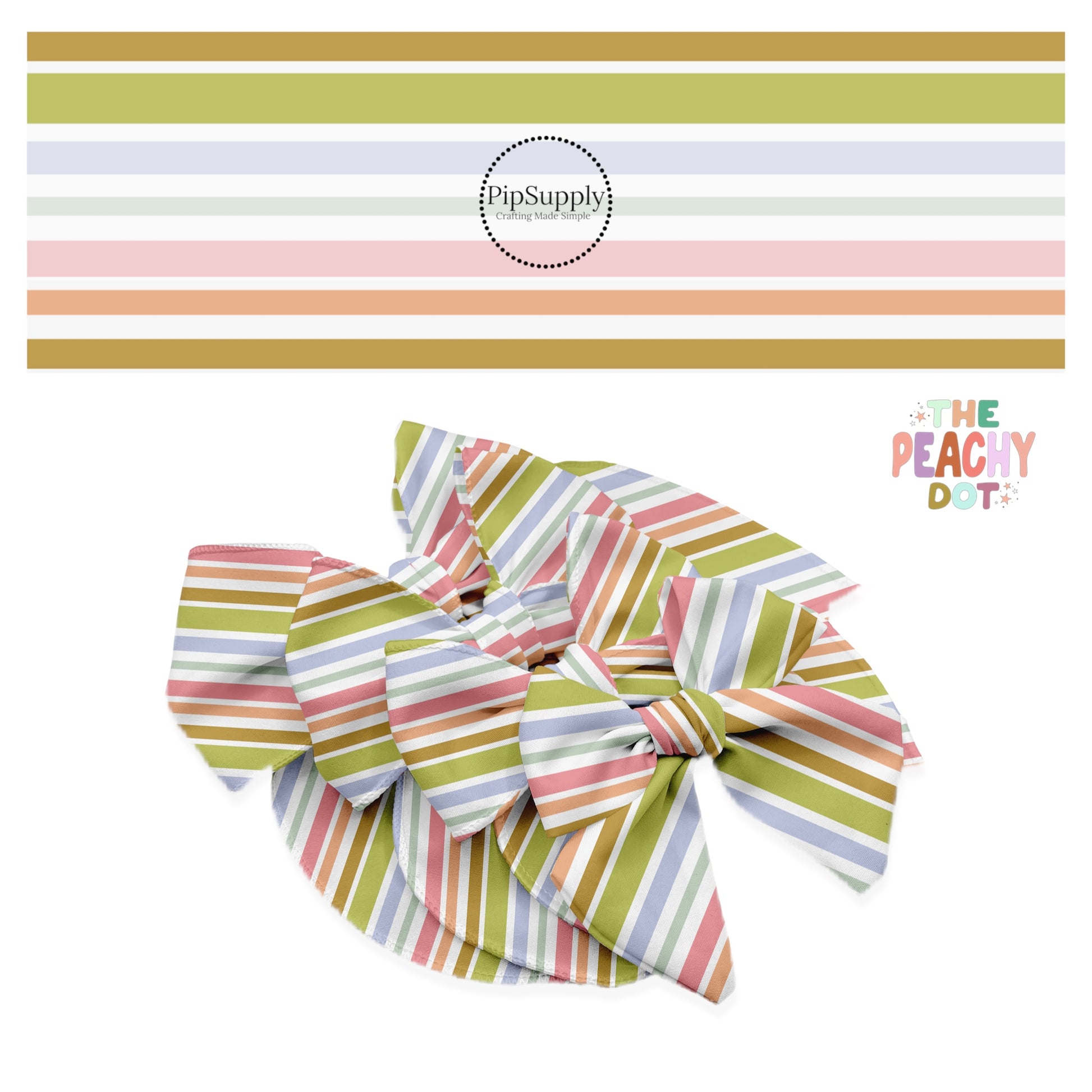 Horizontal blue, green, and pink multi stripes on a white bow strip