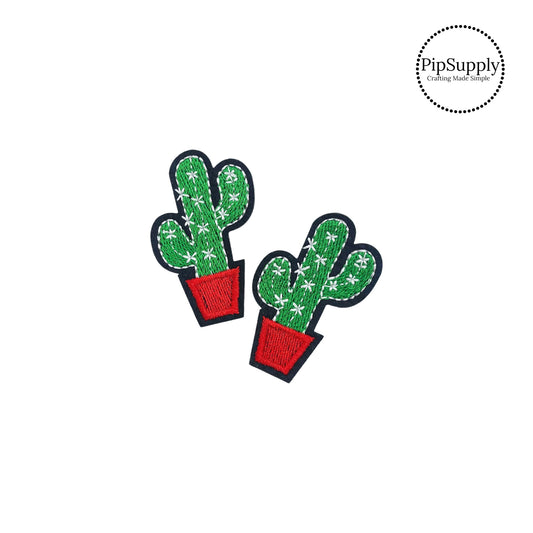 Green Cactus with white spikes in a red plant pot - Embroidered Iron on Patch 