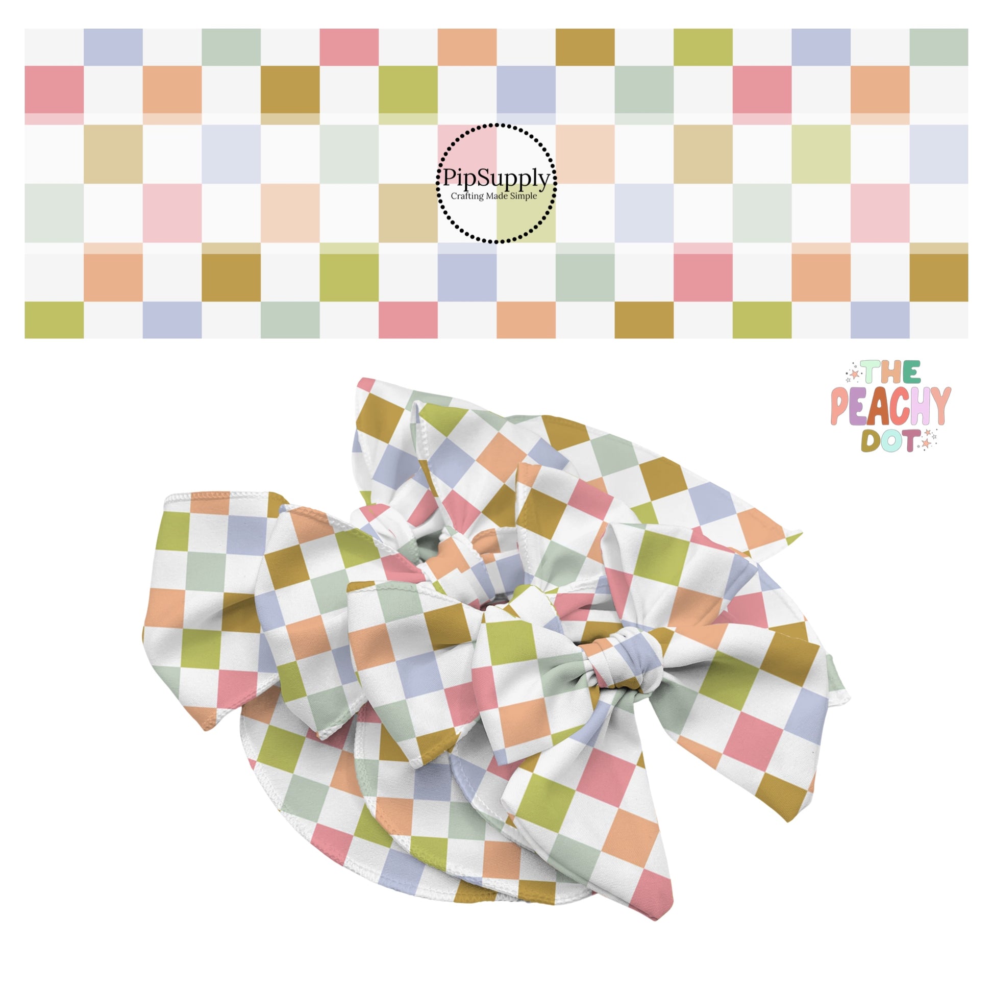 Olive green, light green, blue, and pink tiles on a white checker bow strip