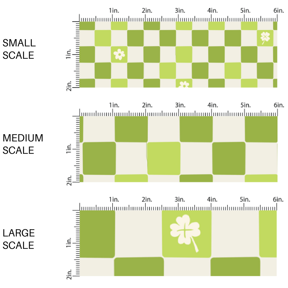 Fabric by the yard pattern with a green checkered scaled image guide print that has clovers and flower designs