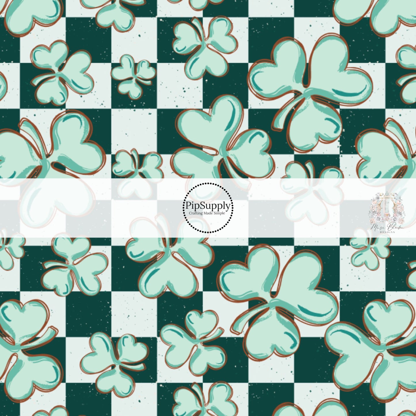 Green and White checkered fabric by the yard with pastel green clovers - St. Patricks Day Fabric 