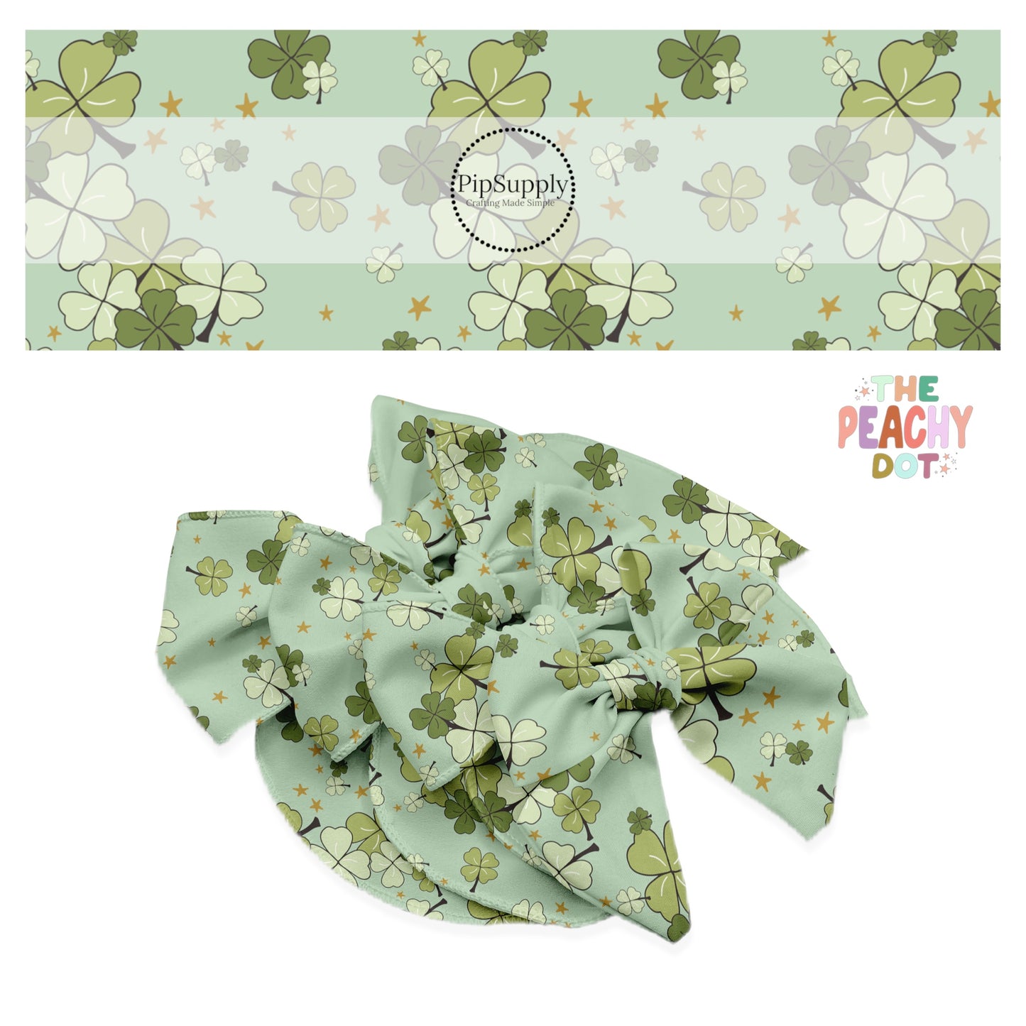 Gold scattered stars with groups of multi green clovers on a light green bow strip