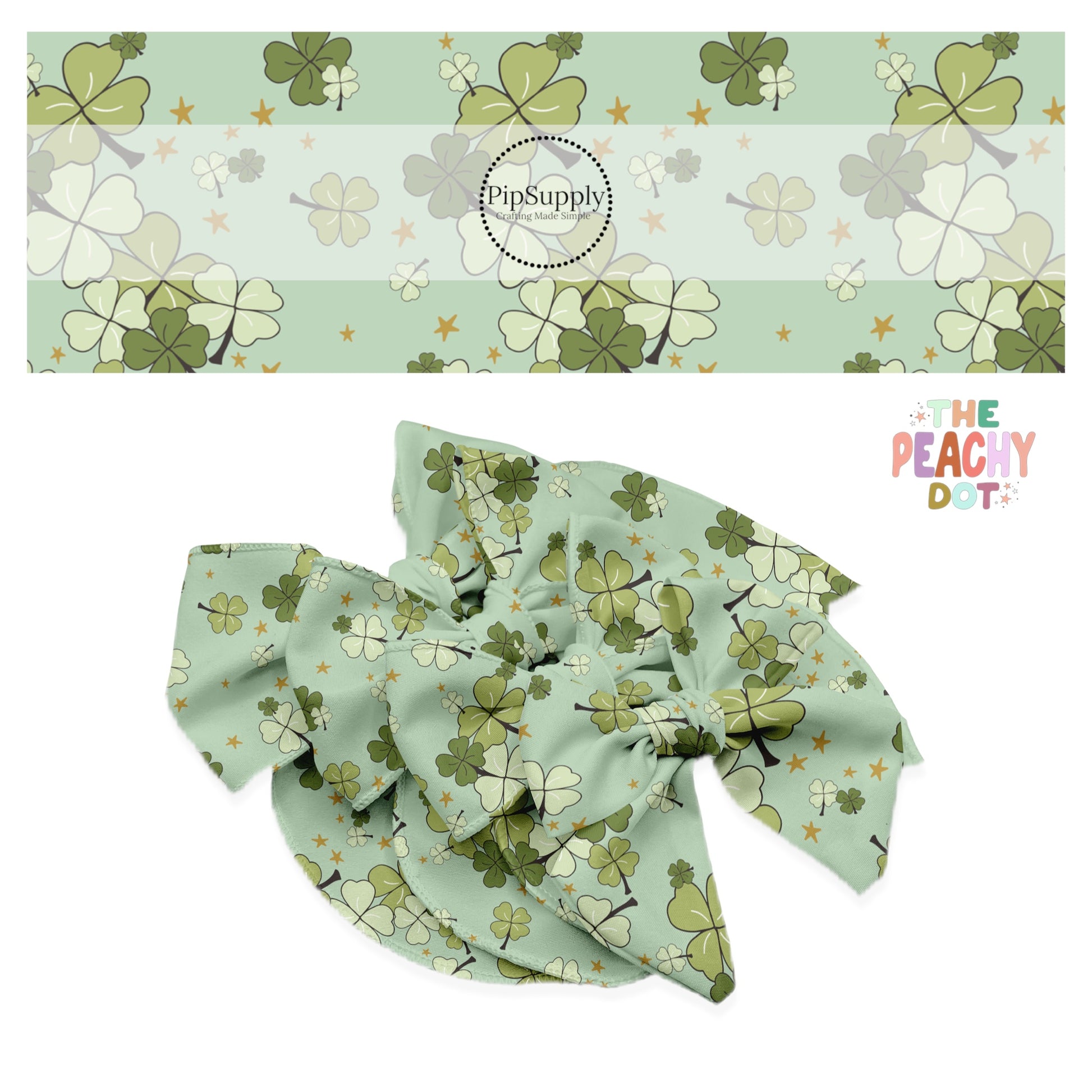 Gold scattered stars with groups of multi green clovers on a light green bow strip