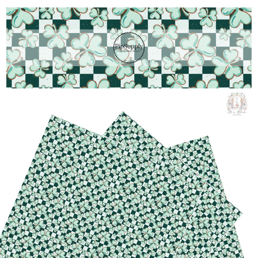 Green bubble clovers scattered on emerald checkered faux leather sheets
