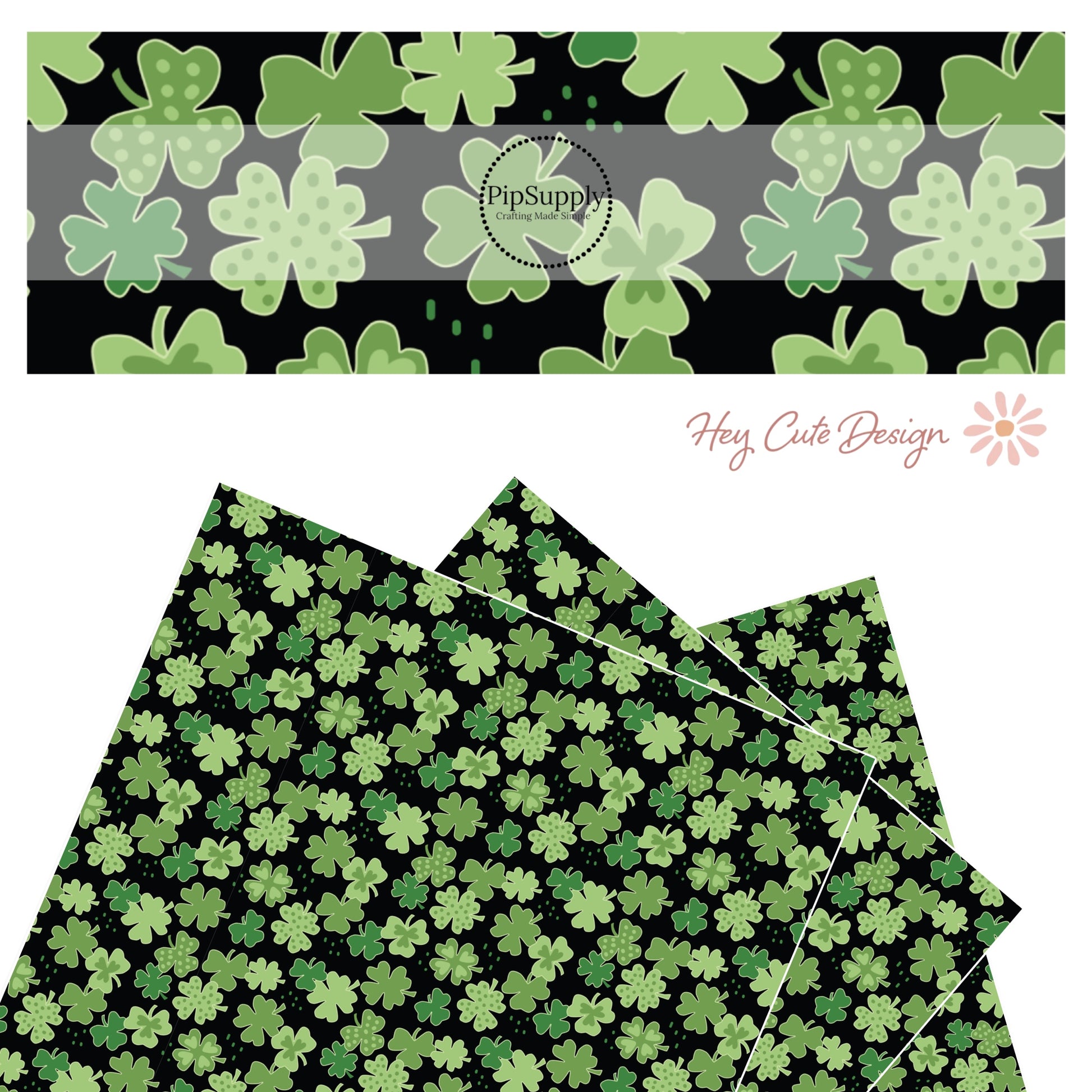 Green clovers outlined with light green and different shade green hearts and polka dots on a black faux leather sheet