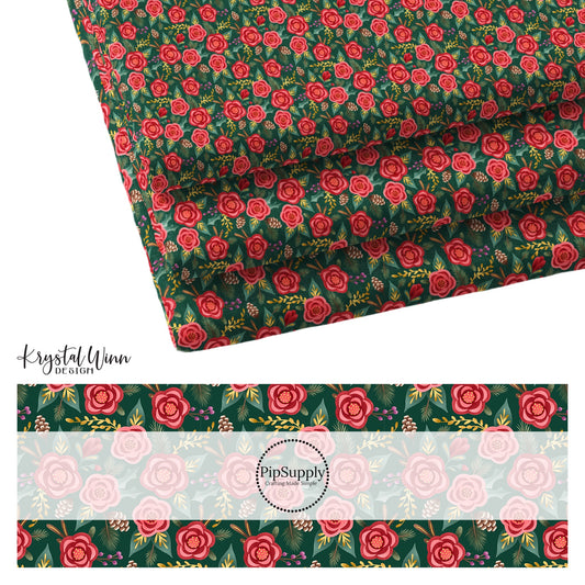 Green Fabric with red floral designs