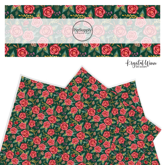 Three Green Faux leather sheets with red roses