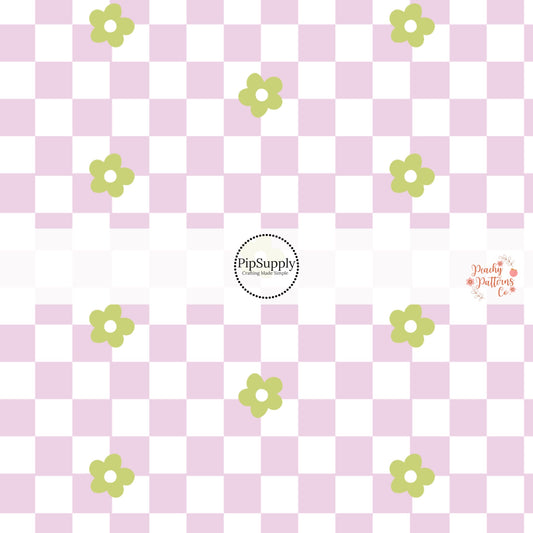Purple and white checkered print fabric by the yard with a green floral print - Spring Easter Fabric 