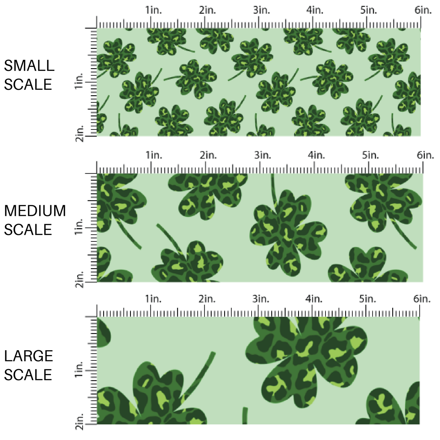 Scaled fabric by the yard image guide with light green fabric and dark green shamrocks leopard print