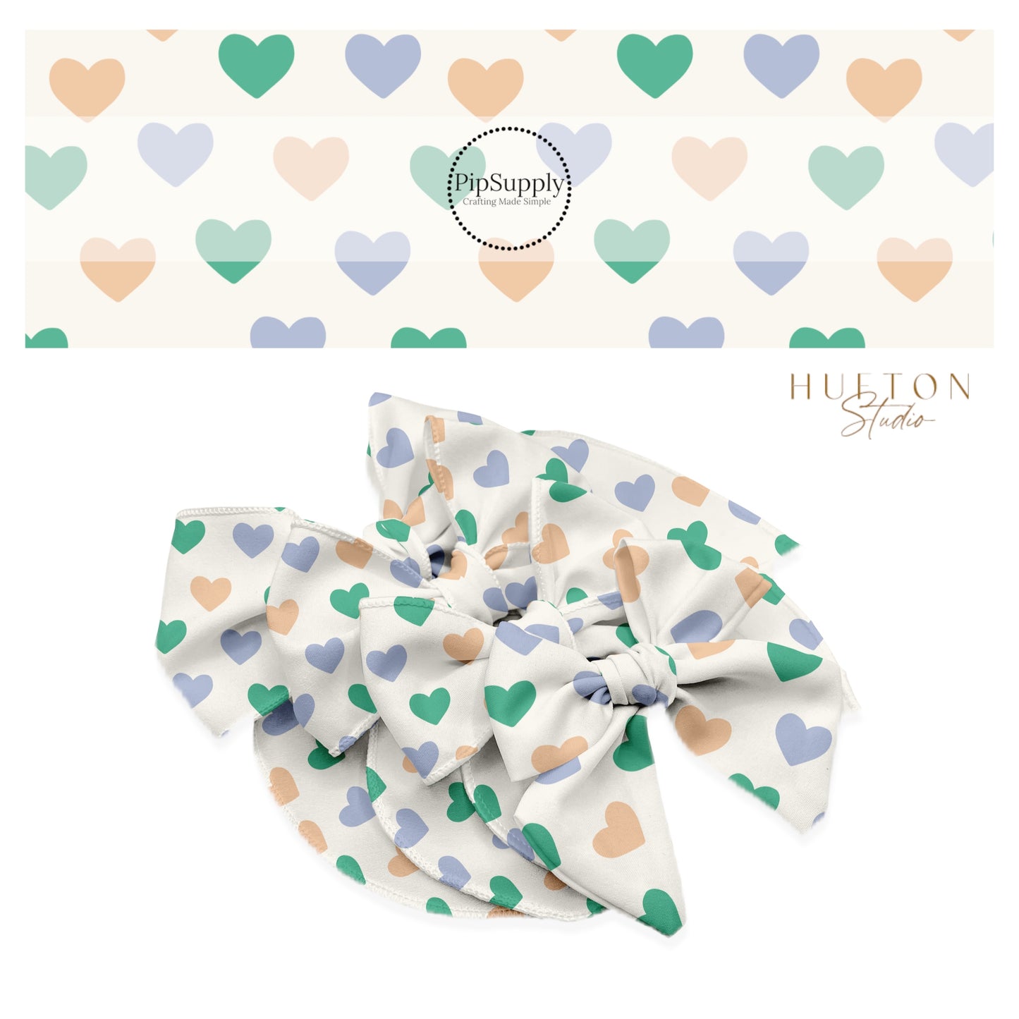 Cream bow strips with blue, green, and orange hearts