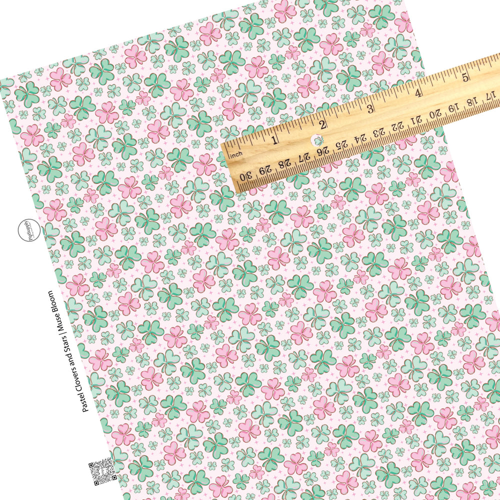 Pink stars with pastel green and pink clovers on pink faux leather sheets