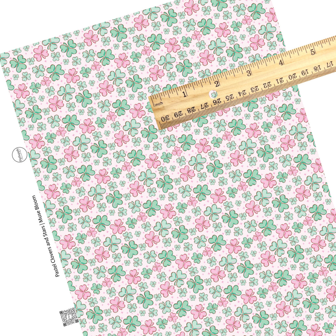 Pink stars with pastel green and pink clovers on pink faux leather sheets