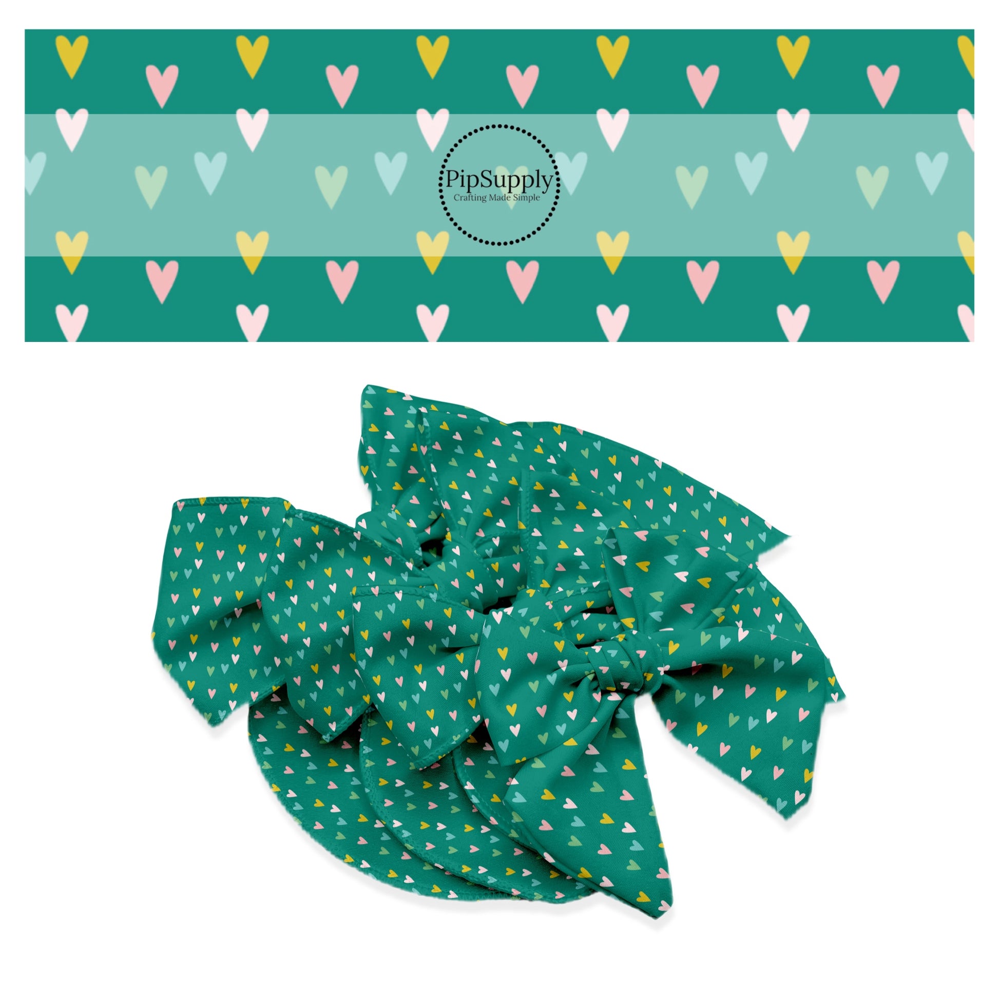 Light pink, pink, yellow, green, and blue tiny floating hearts on teal bow strips
