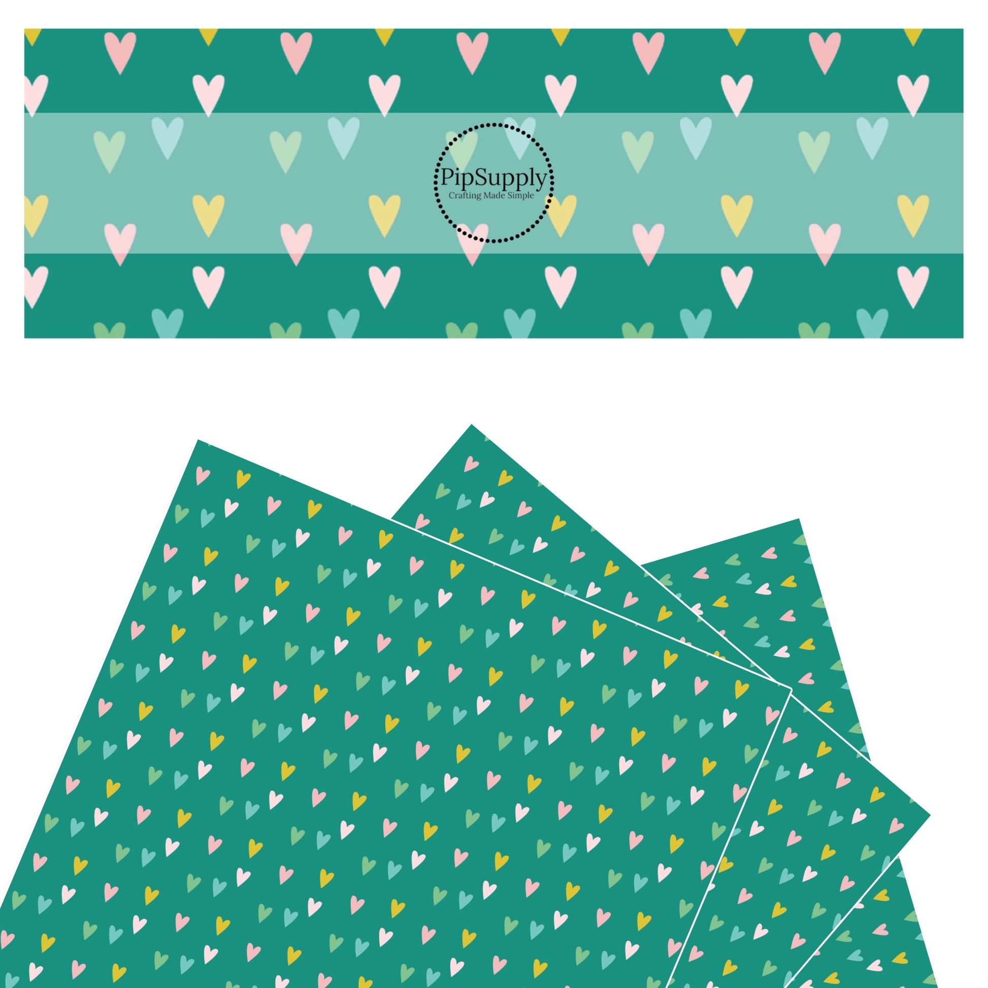 Pink, green, blue, and yellow tiny skinny hearts on teal faux leather sheets