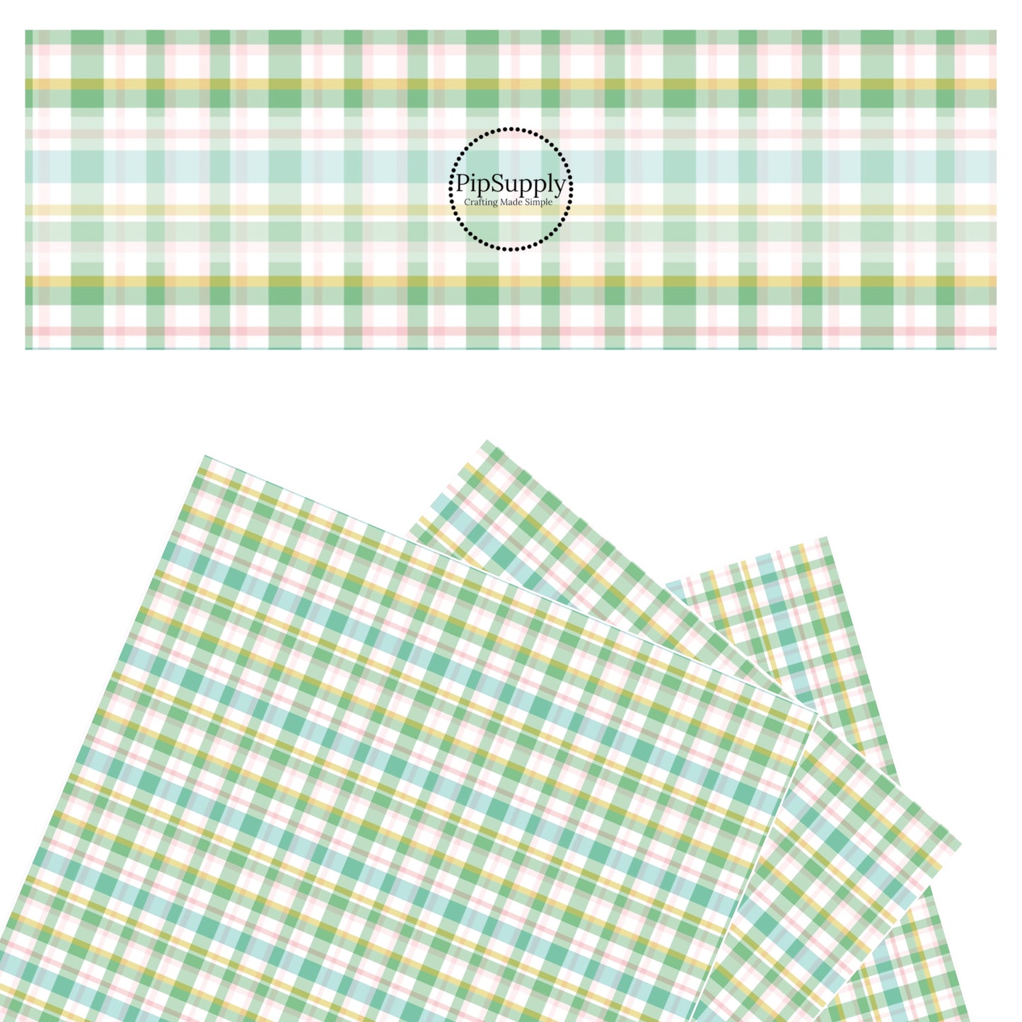 Blue, green, pink, yellow, and white tartan faux leather sheets